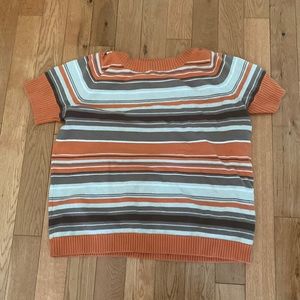 Verticals striped plus size short sleeve woman’s sweater.